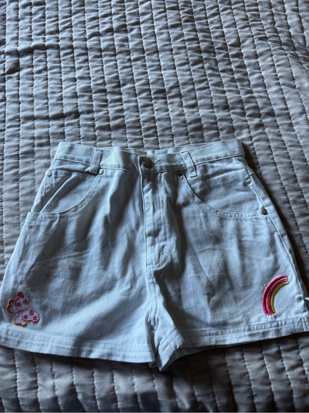 White girls white Jean Shorts with Rainbow & Heart Embroidery